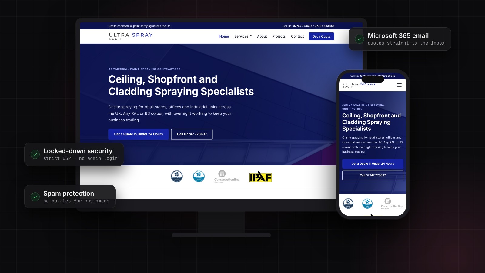 The new Ultra Spray South website shown on a desktop monitor and a mobile phone