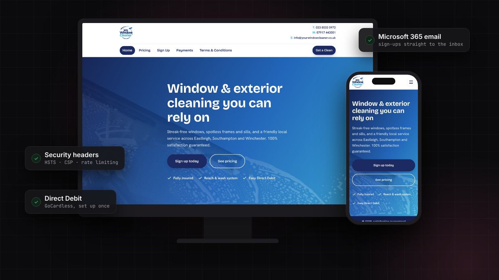 The new Your Window Cleaner website shown on a desktop monitor and a mobile phone
