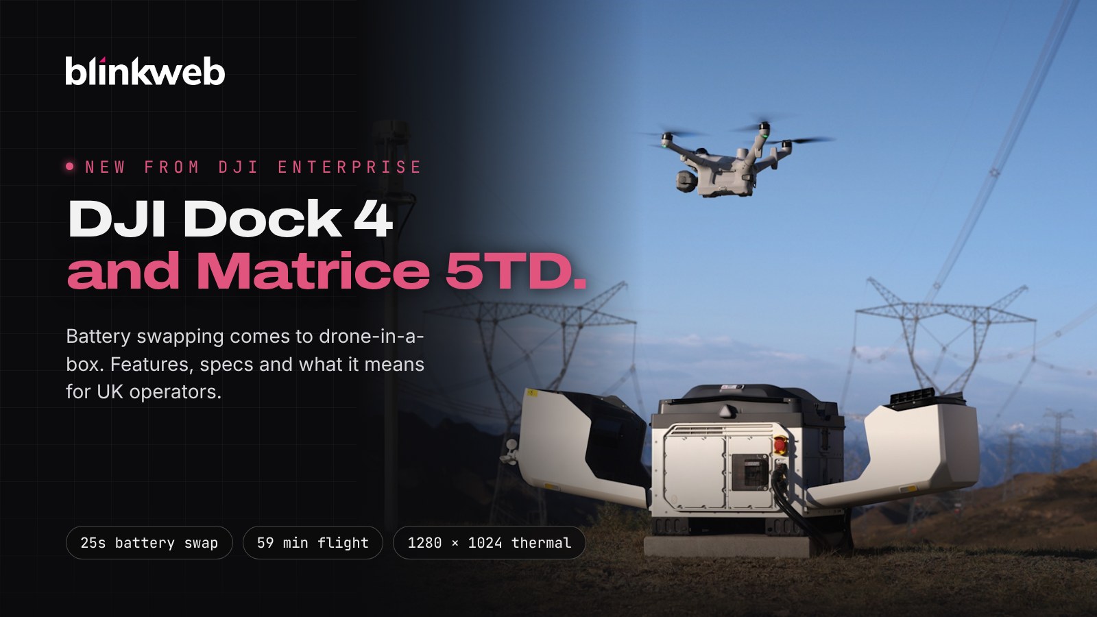 DJI Dock 4 with the Matrice 5TD drone taking off beside power line pylons