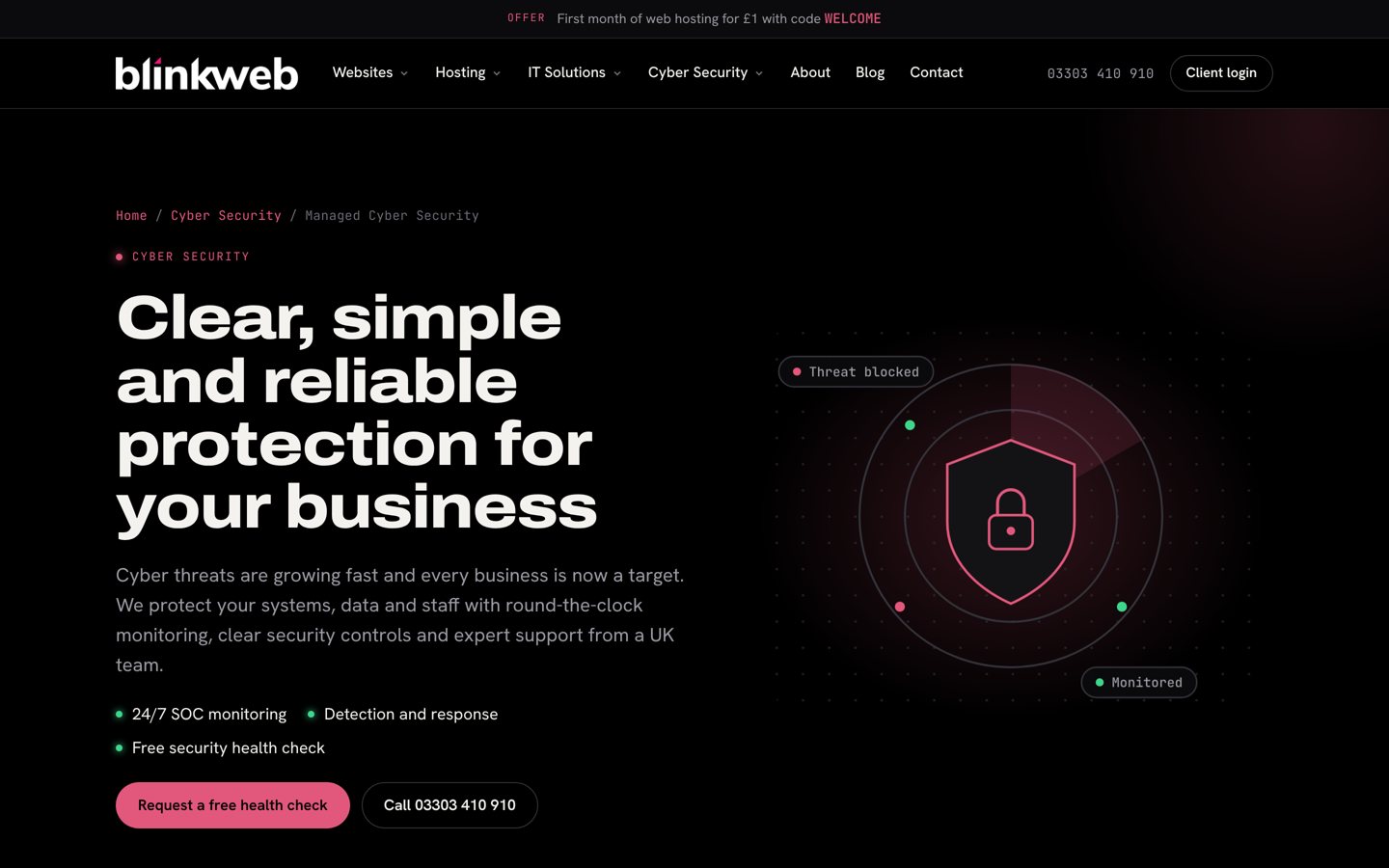 The new managed cyber security page on the Blink Web website