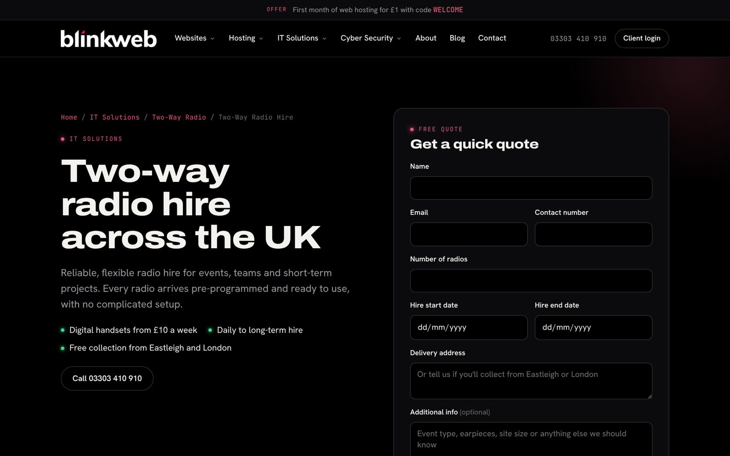 The radio hire page with the quote form beside the page title